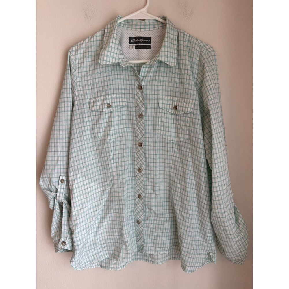 Eddie Bauer women’s travex Plaid teal Button-Up Shirt breathable hiking shirt LG